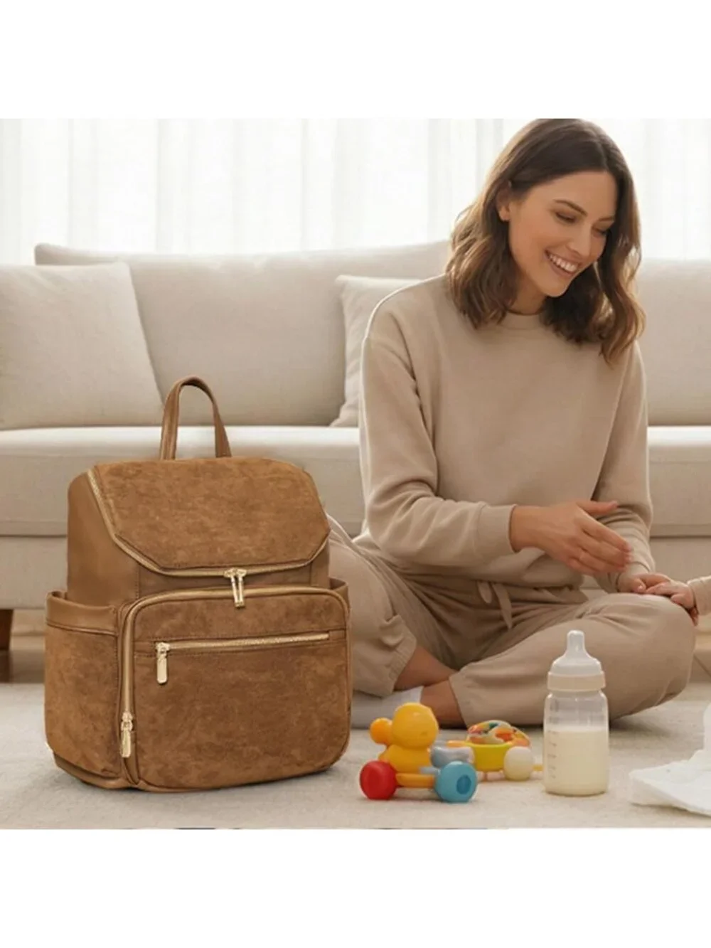 Large Suede Diaper Bag Backpack with 14 Pockets, Waterproof Wet Pocket, Luggage